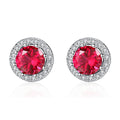 Fashion Jewelry 925 Sterling Silver Round Cut Red Gemstone Halo Hypoallergenic Stud Earrings for Women Birthday Anniversary Gift