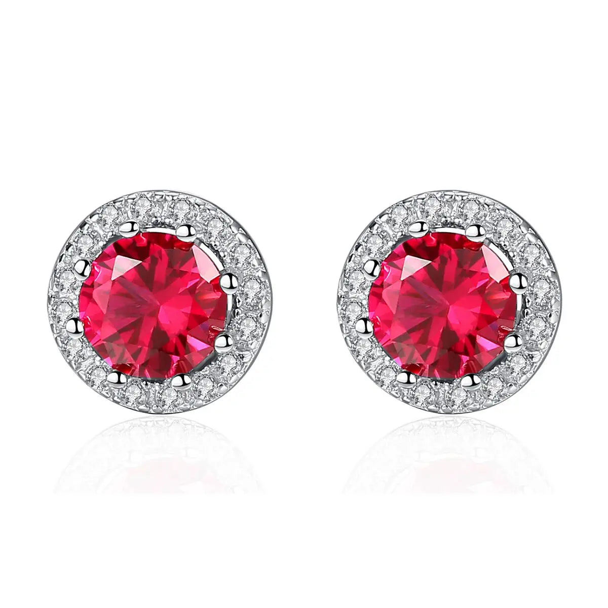 Fashion Jewelry 925 Sterling Silver Round Cut Red Gemstone Halo Hypoallergenic Stud Earrings for Women Birthday Anniversary Gift