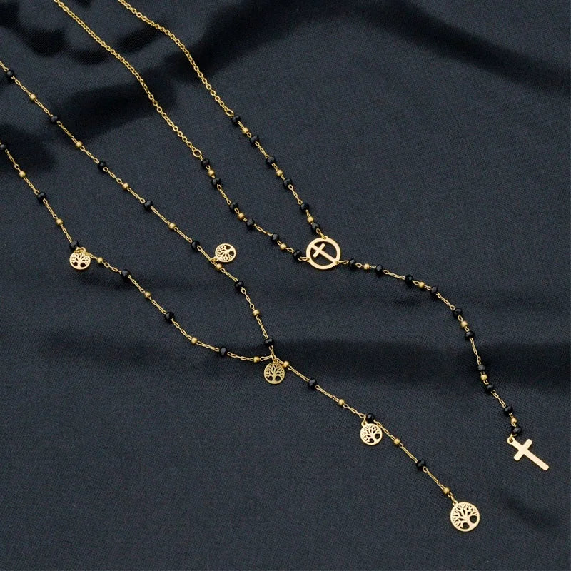 Fashion 14K Stainless Steel Vintage Layered Stacked Necklace Jewelry Tree of Life Cross Pendant Necklace for Women