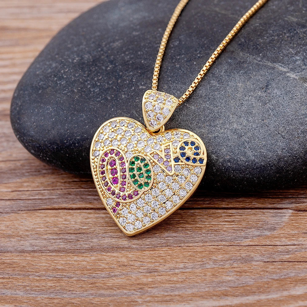 QIKU Romantic Heart Shape Colorful Crystal Letter Love Gold Color Pendant Women Necklace Copper Zircon Jewelry Accessories Gift