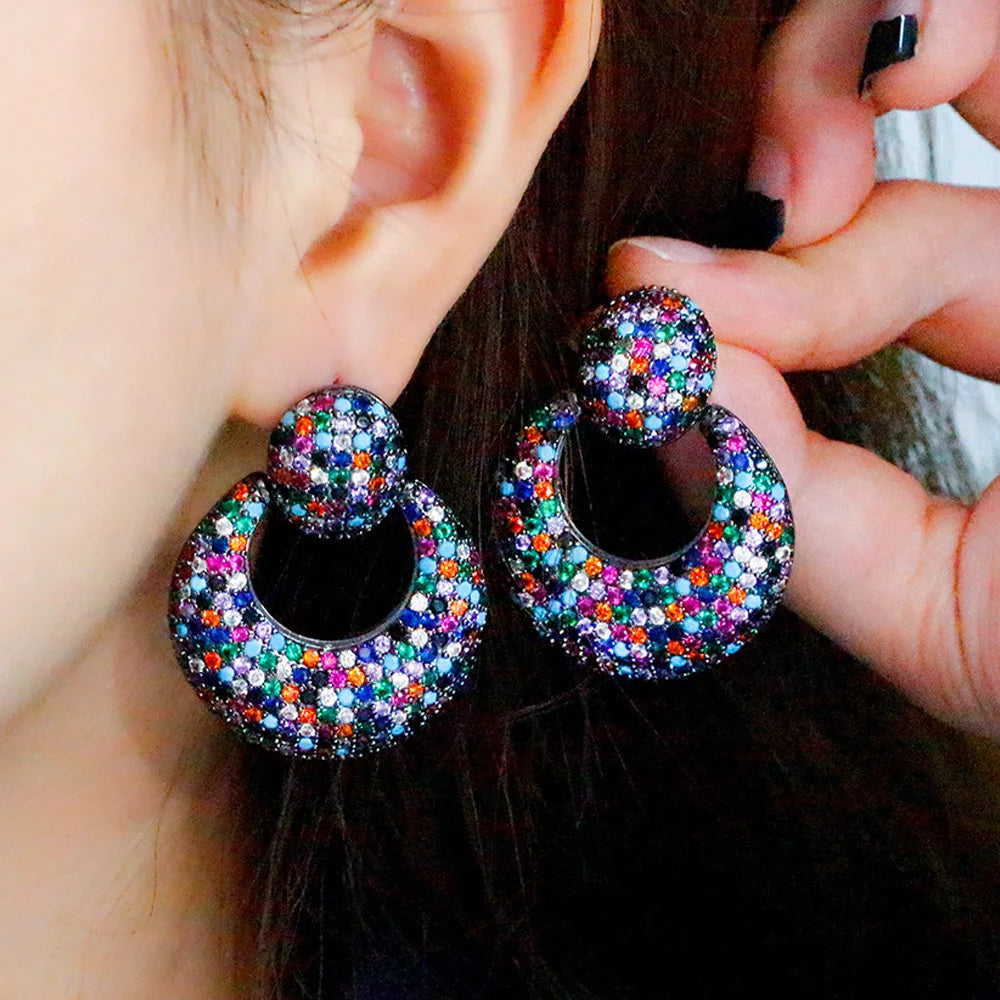 Unique Design Brass Top Cubic Zircon Stone Multi Color Big Round Circle Dangle Luxury Chunky Earring for Women Pageant Jewellery