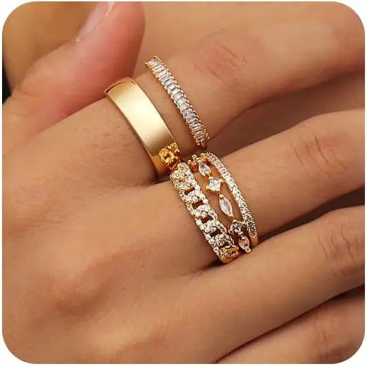BJB0142R Classic Princess Cut Brass 14K Gold Plated Zircon Wedding Bands or Rings Set with Five Pieces for Women