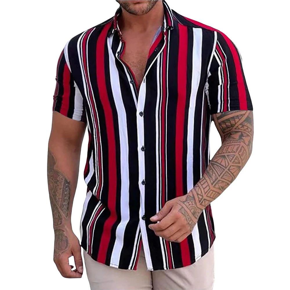 Mens' Striped Vintage Print Hawaiian Shirt Custom Button Down V-neck Men's Shirt Spring Casual Digital Fishing Shirt