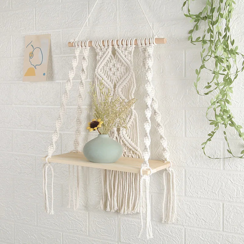 Hand Made Decorative Indoor Outdoor Floating Wood Rope Boho Macrame Wall Hanging Shelf for Plants