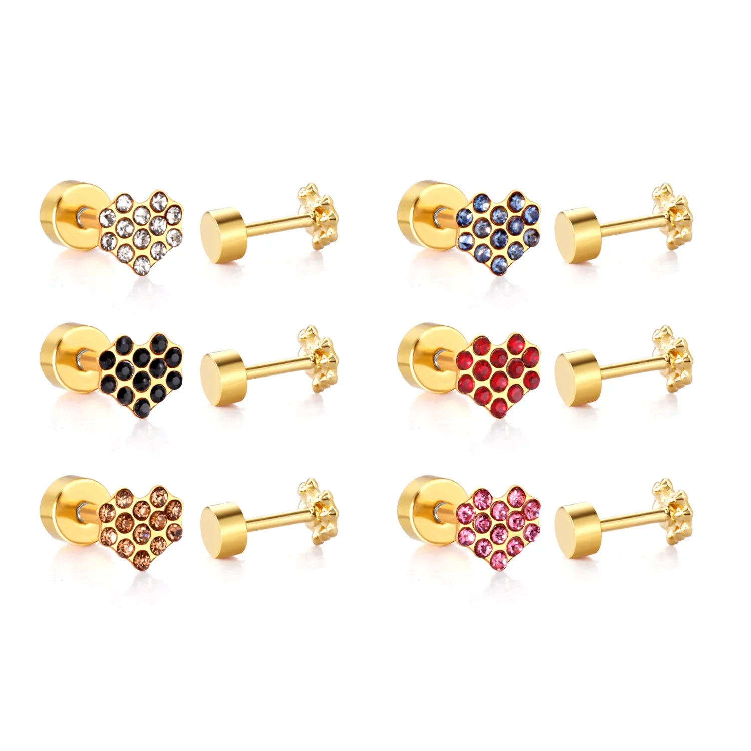 Fashion Jewelry Colourful Zircon Heart Earrings 18K Gold Plated Stainless Steel Popular Screw Back Stud Earrings for Unisex