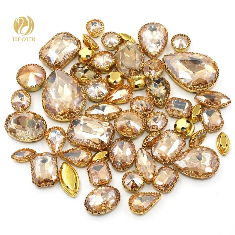 Hot Sale Champagne Color 3D Mixed Crystal Flatback Sew-on Loose Rhinestones with Lace Claw Dress Decoration Made Glass