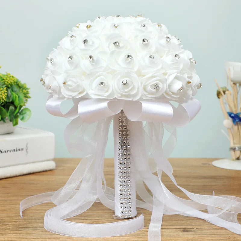 Silk Luxury Rose With Satin Ribbon Bridal Bouquets for Brides Bridesmaid Wedding Hand Holding Flower