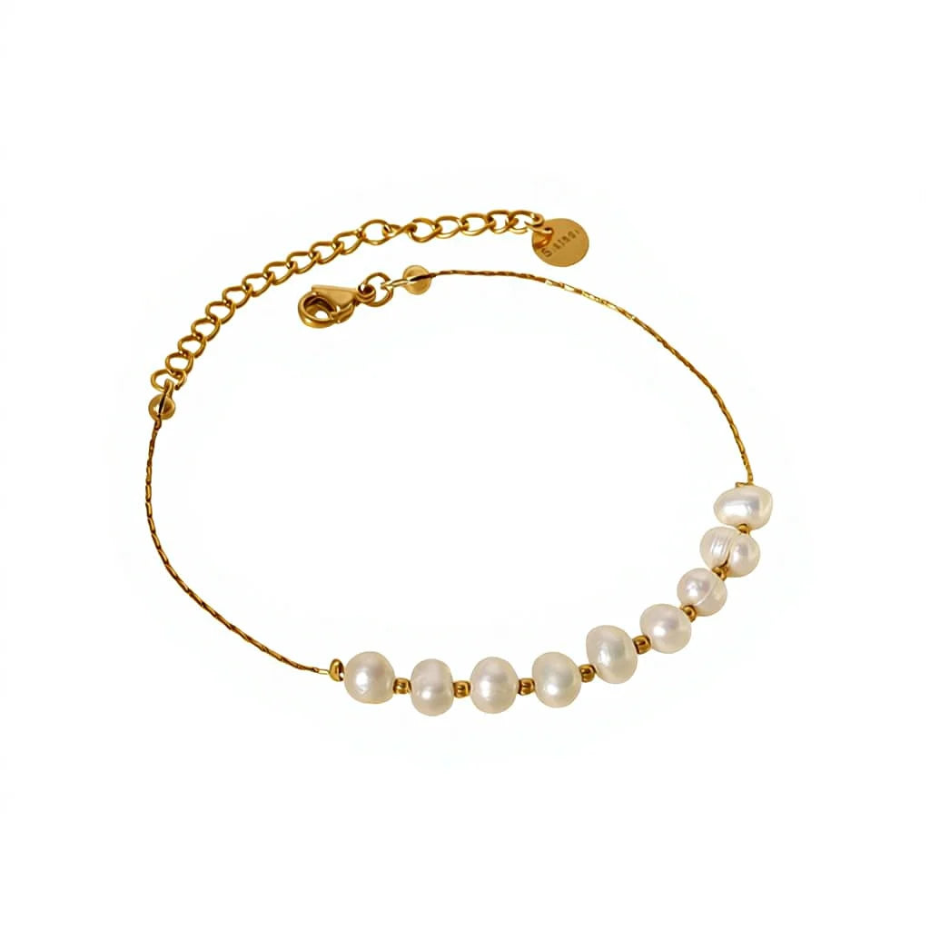Freshwater Pearl 18K Gold Plated Stainless Steel Classic Chain Beaded Bracelet for Women-Wedding Anniversary Party Gift Jewelry