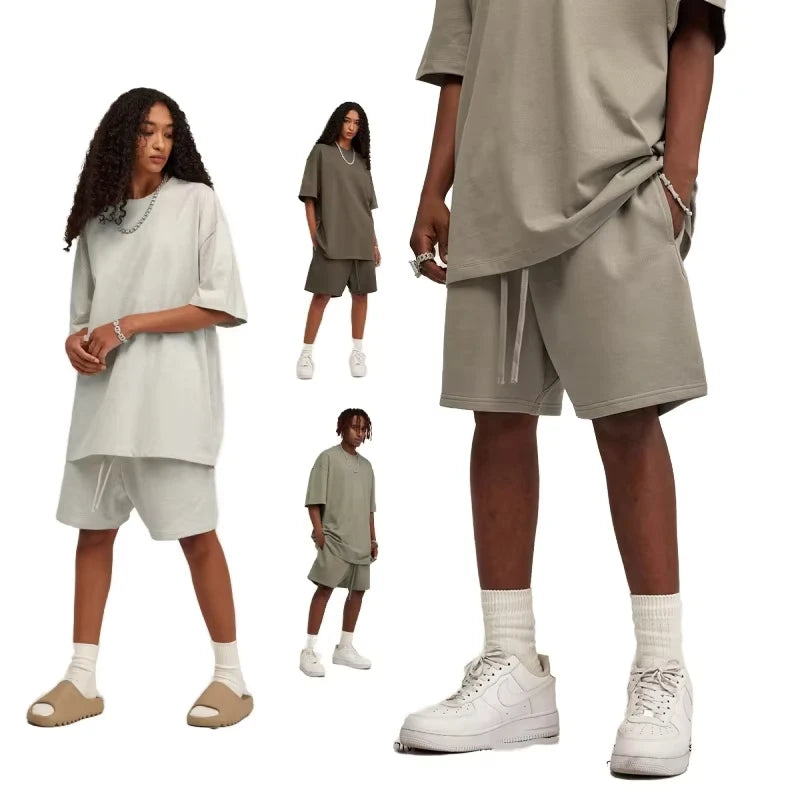 Wholesale Men's Casual Style 100% Cotton Short Sleeve T-Shirt Shorts Set Custom Fashion Solid Oversized Elastic Waist Worsted