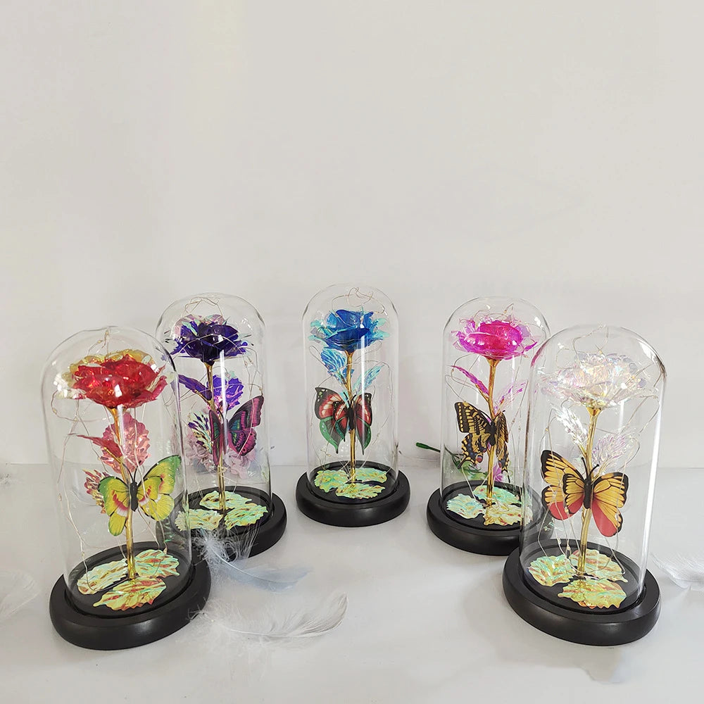 C-G0001Factory Wholesale Mother's Day Led Light Artificial Flowers Black Wooden Base 24k Gold Galaxy Rose in Glass Dome