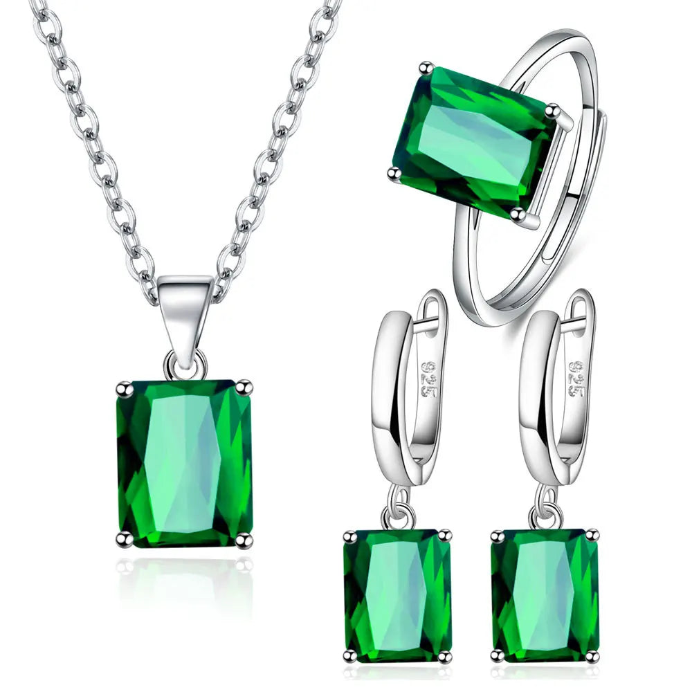 Fashion Real Silver Plating Earring Ring Necklace Rectangle AAA Cubic Zirconia Jewelry Sets for Women
