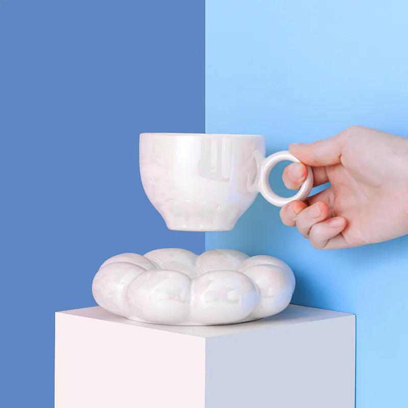 Hot Sale Macaroon Sunflower Ceramic Mug and Saucer Set Cloudy Coffee Cup and Tea Cups for Enjoying Your Beverages
