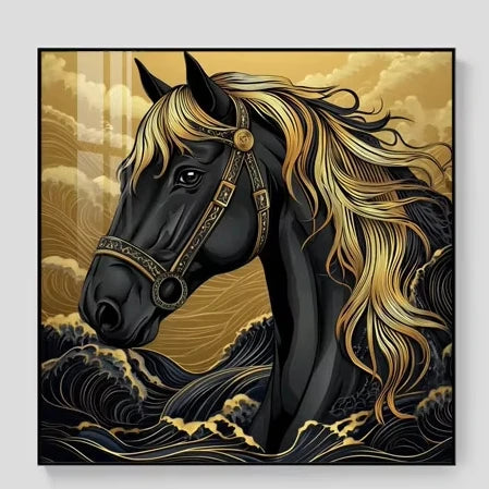 Horses Art Deco Gold Still Life Painting for Entrance Corridor Decor Hanging Wall Art with Black Aluminum Alloy Frame