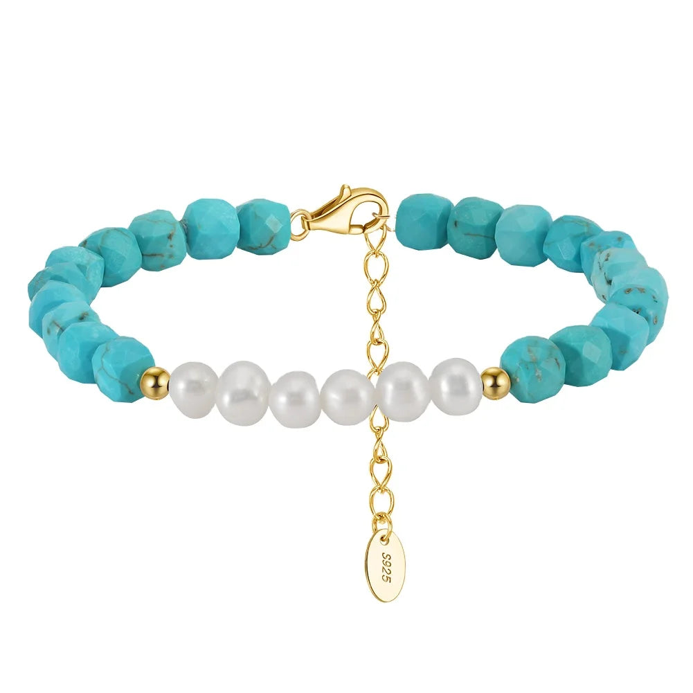 RINNTIN MPB08 Adjustable Elastic Turquoise & Freshwater Pearl Natural Stone Female Fashion Jewelry Bracelet & Bangle Gift
