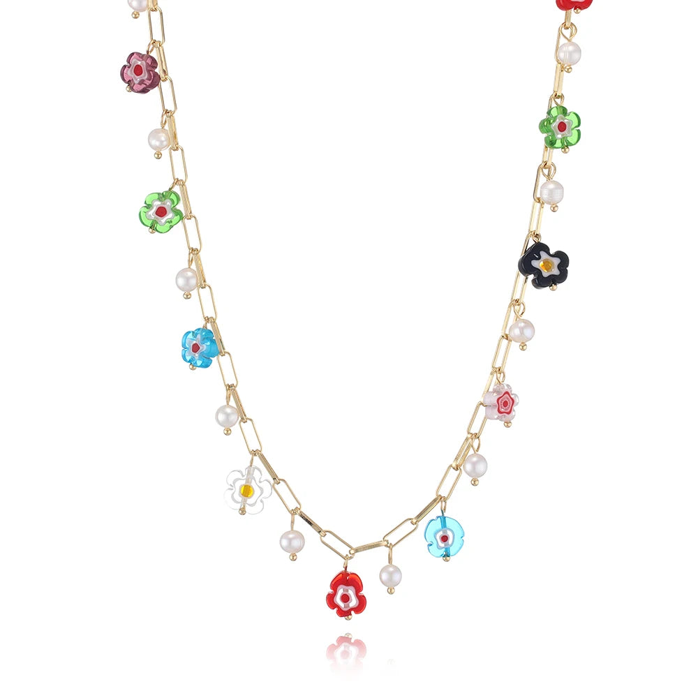 Vintage Boho Female Necklace with Collarbone Chain Summer Flower Pearl Pendant for Wedding Party Anniversary Gift