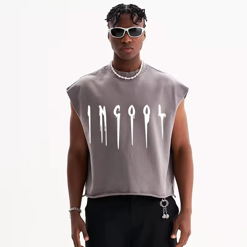 Wholesale Men's Casual Summer Streetwear Tank Top Boxy Raw Edge Crop Neck Cut 100% Cotton Sleeveless Soft Fabric Print