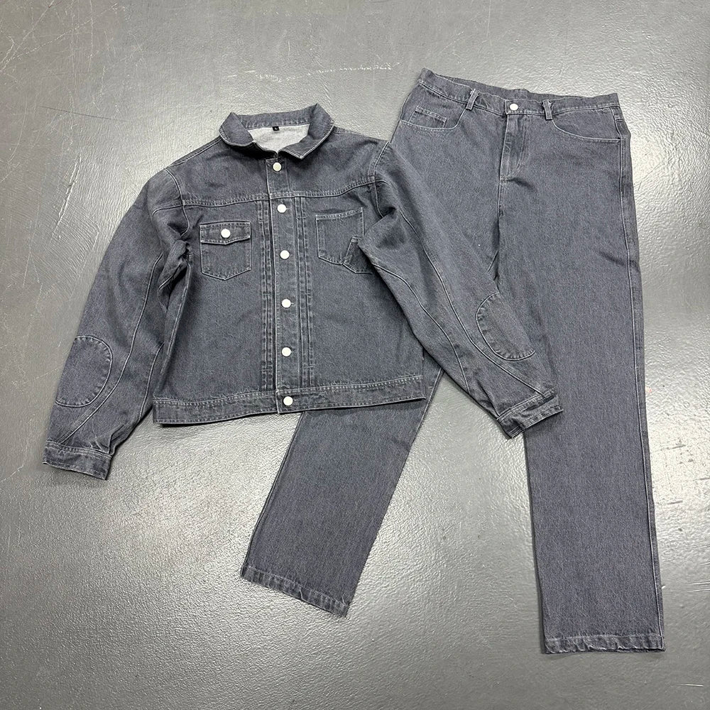 Ensemble Jeans Homme Washed Printing Denim Jacket Set Blue Jeans Sets Two Piece Custom Jeans Suit for Men