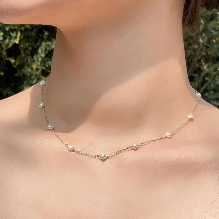 SC Minimalist S925 Sterling Silver Choker Necklace Jewelry Women Evenly Beaded Freshwater White Pearl Necklace for Daughter