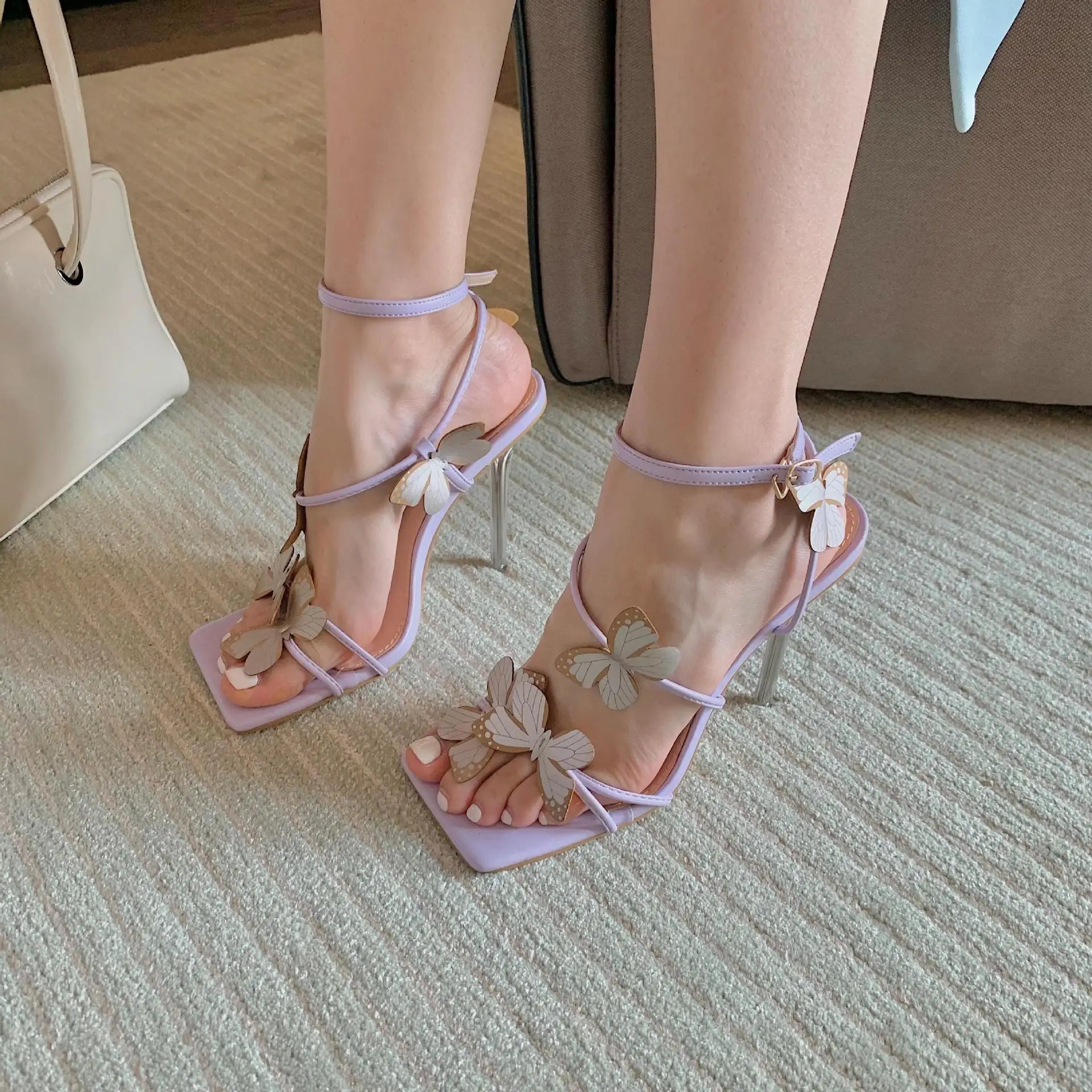 BUSY GIRL XR4704 Purple Butterfly Heels Sandal 2023 Summer 7.5/11cm Stiletto High Heels Shoes for Ladies and Women Sandals Heels
