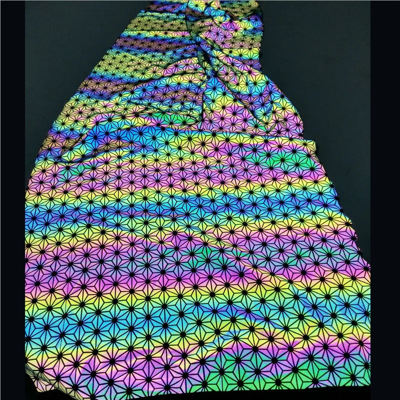 Iridescent Full Rainbow Flower Pattern Printing Stretch Elastic Polyester Breathable Retro Reflective Fabric for Dancing Clothes