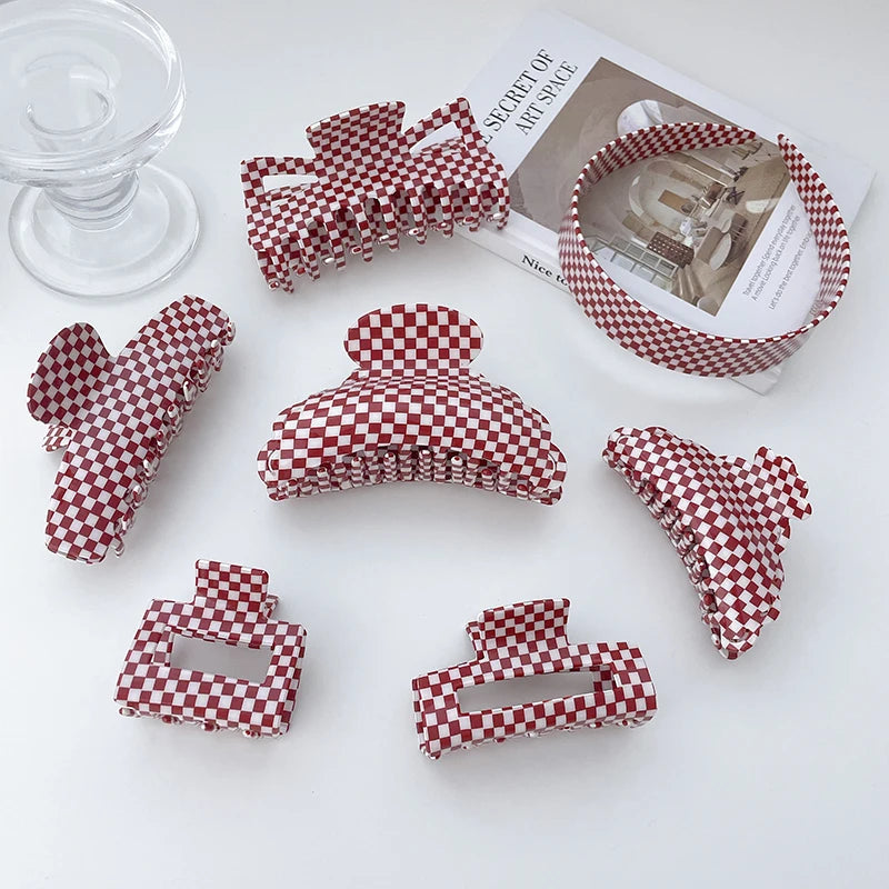 DOWELL Wholesale Fashion Mini Hair Pin Red Checkerboard Check Hair Claw Clip Set