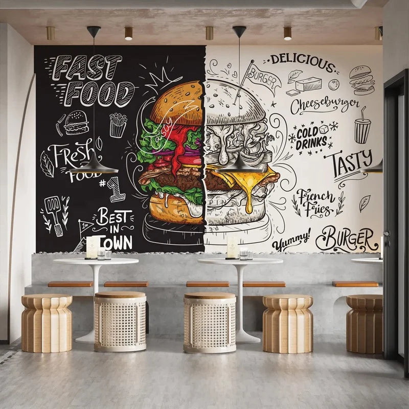 Customizable 3D Silk Waterproof Anti-Static Fast Food Restaurant Fashion Murals Wallpaper for Restaurant Living Room Decoration