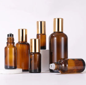 In Stock 5ml 10ml 15ml 20ml 30ml 50ml 100ml Amber Glass Roll on Bottle With Steel Roller and Gold Cap