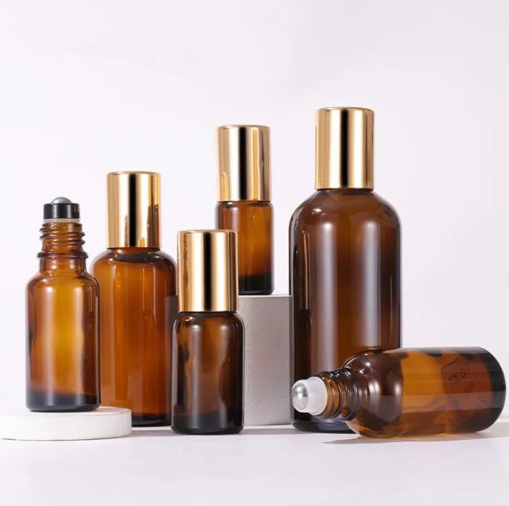 In Stock 5ml 10ml 15ml 20ml 30ml 50ml 100ml Amber Glass Roll on Bottle With Steel Roller and Gold Cap