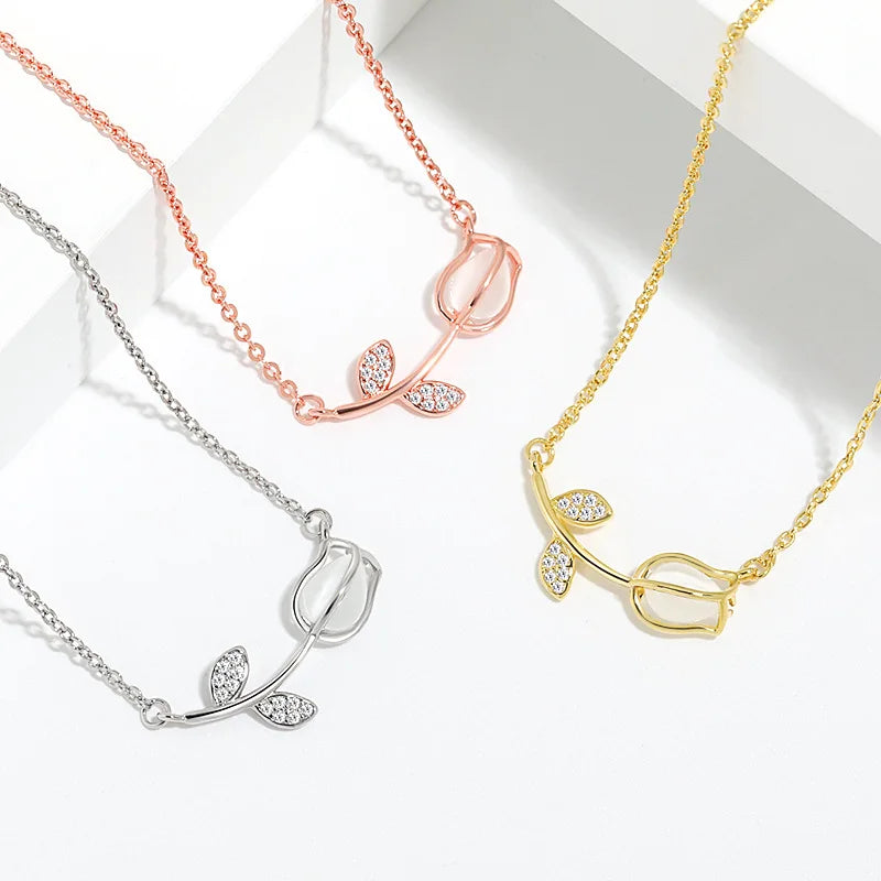 US Simple Delicate Woman Gift Opal Rose Tulip Pendant Zircon Opal Necklace Gifts for Women
