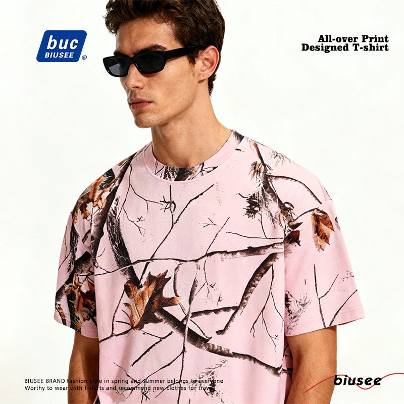 Trendy Pastel Pink Tree Bark Leaf Print Oversized T Shirt Custom Quick Dry Unisex Casual Wear Camo T-shirts