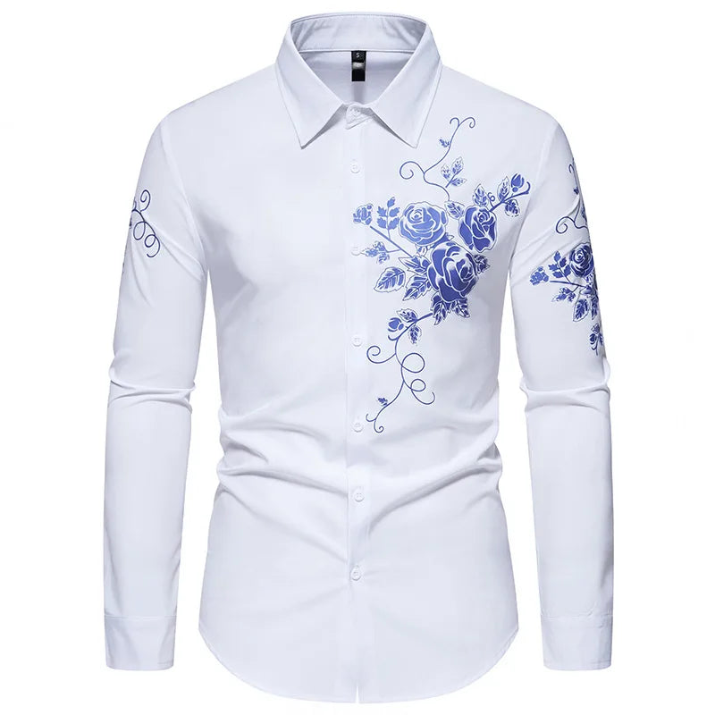 RNSHANGER Fashion Men's Flower Print Long Sleeve Shirt Spring New Arrival Casual Shirts Male Daily Party Nightclub Shirts