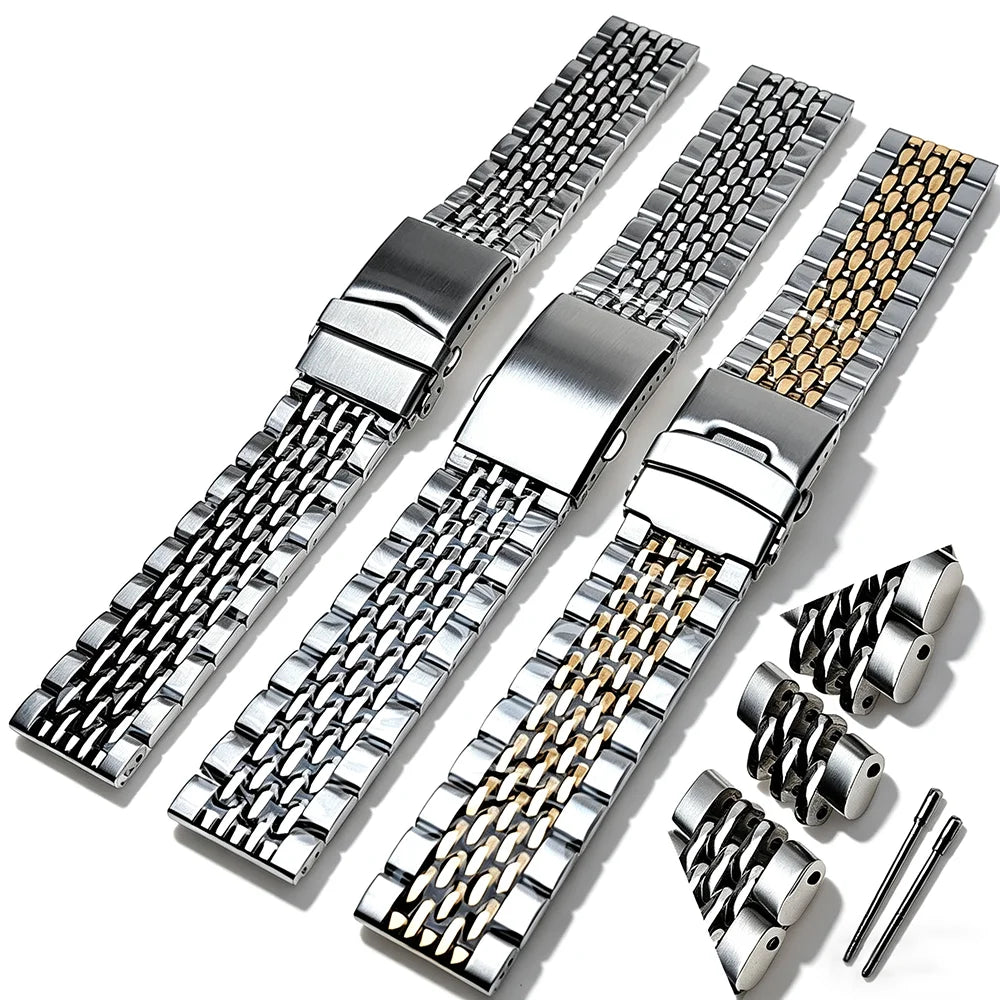 Luxury High Quality Seven Beads Stainless Steel Watch Band Metal Chain Watch Strap Bracelet with Double Safety Buckle