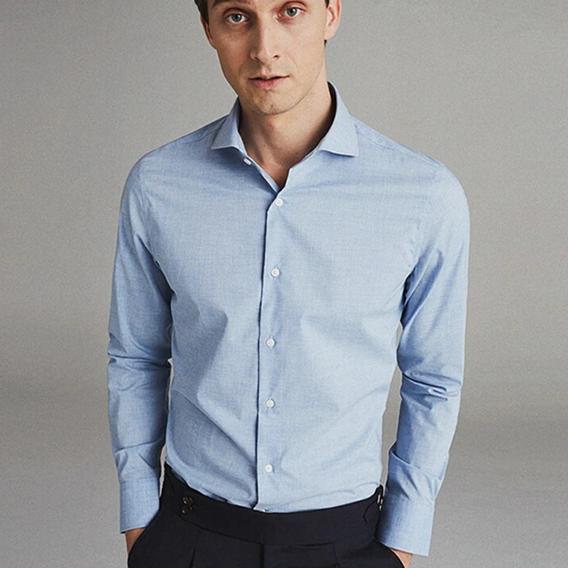 Business and Leisure Solid Color Long Sleeved Shirt Men's Office Dress Cotton Slim Light Blue Shirt