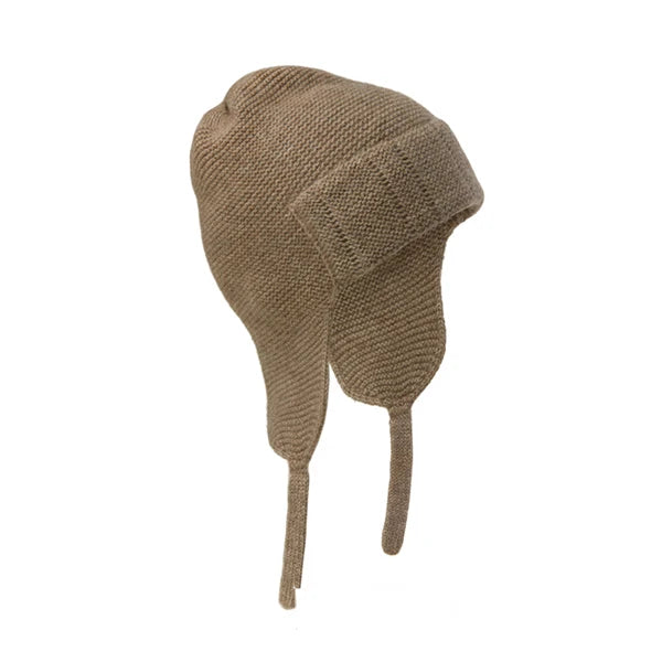 2024 New Fashion Beige Oatmeal 100% Cashmere Beanie Cap Custom Logo Reverse Knit Wool Crochet Earflap Hat for Women