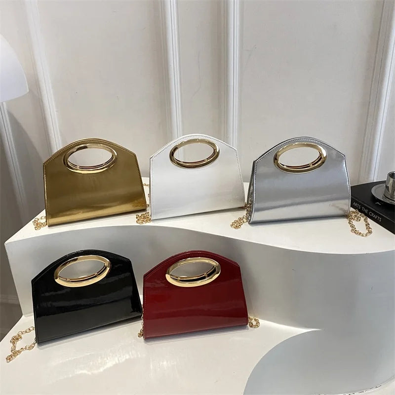 2026 New Shiny Ring Handle Crossbody Bag Women Evening Shoulder Handbag with Chain Elegant Solid Color Party Purse MegaBDM