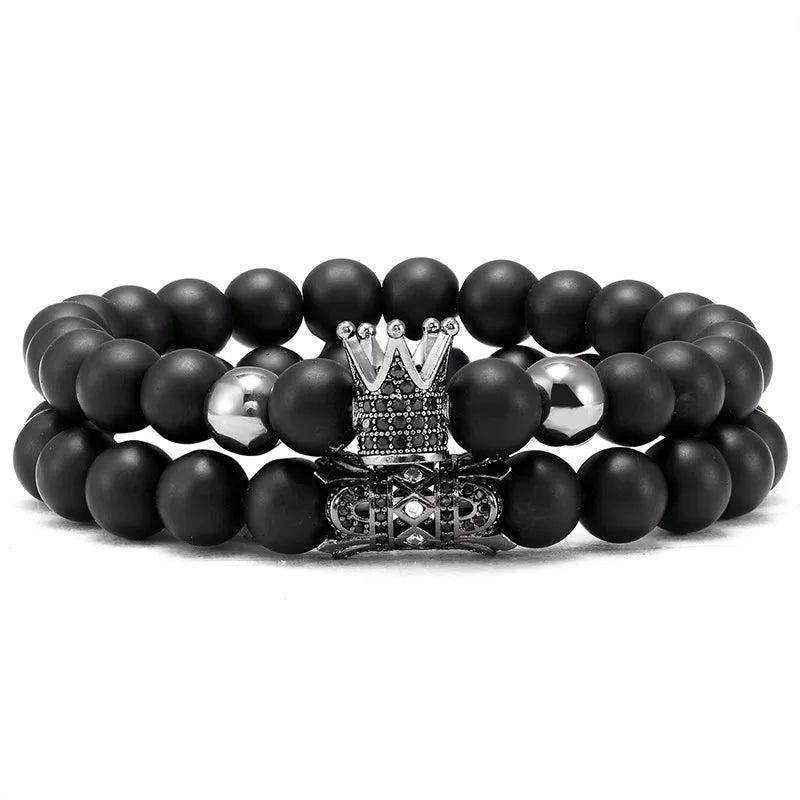 Onyx Beaded Natural Stone Crown Beads Zircon Bracelet 2PCS/SET ST215