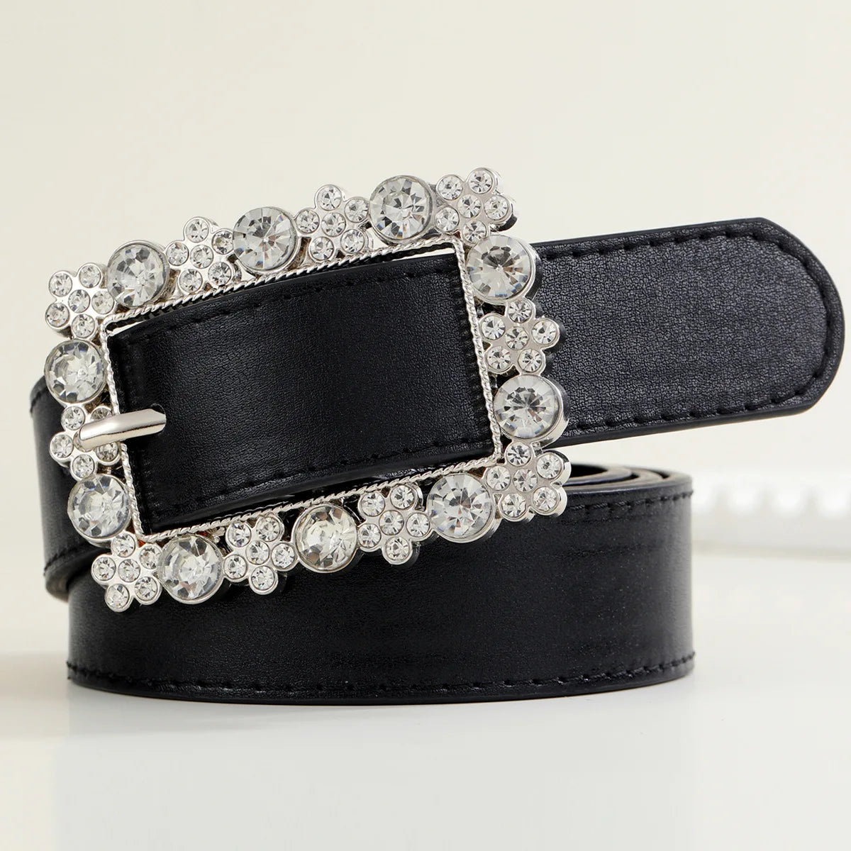 JULUN Rhinestone Belt PU Belt Manufacture Solid Black PU Strap Sparkling All-around Gem Encrusted Square Pin Buckle