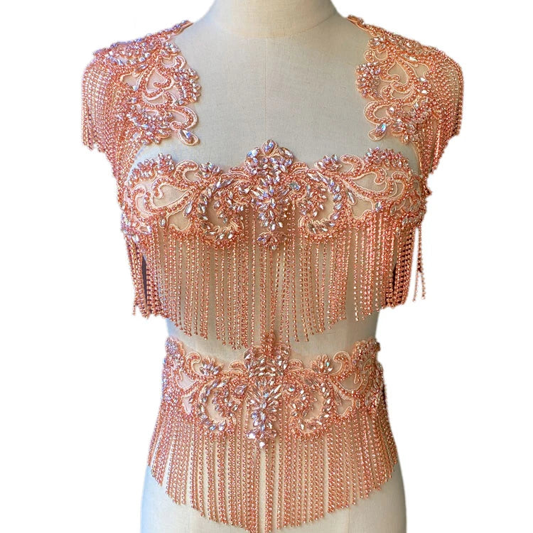 Wholesale Customize Rhinestone Bead Chain Clear Crystal Beaded Bodice Shoulder Applique Patch for Party Wedding Dress