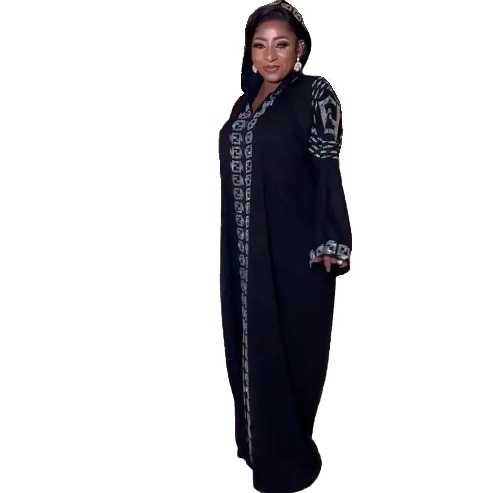 Best Selling Free African Traditional Attire Free Black Abaya Designs Luxury Rhinestones Kaftan Abaya Dubai