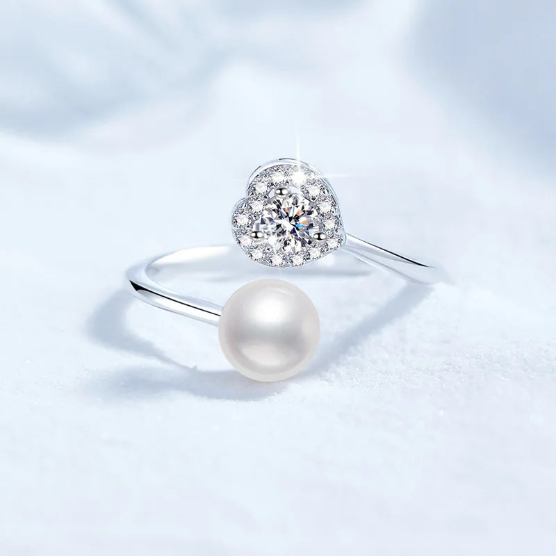 Premium S925 Sterling Silver Elegant Heart-Shaped Freshwater Pearl Ring Adjustable Wholesale Ring
