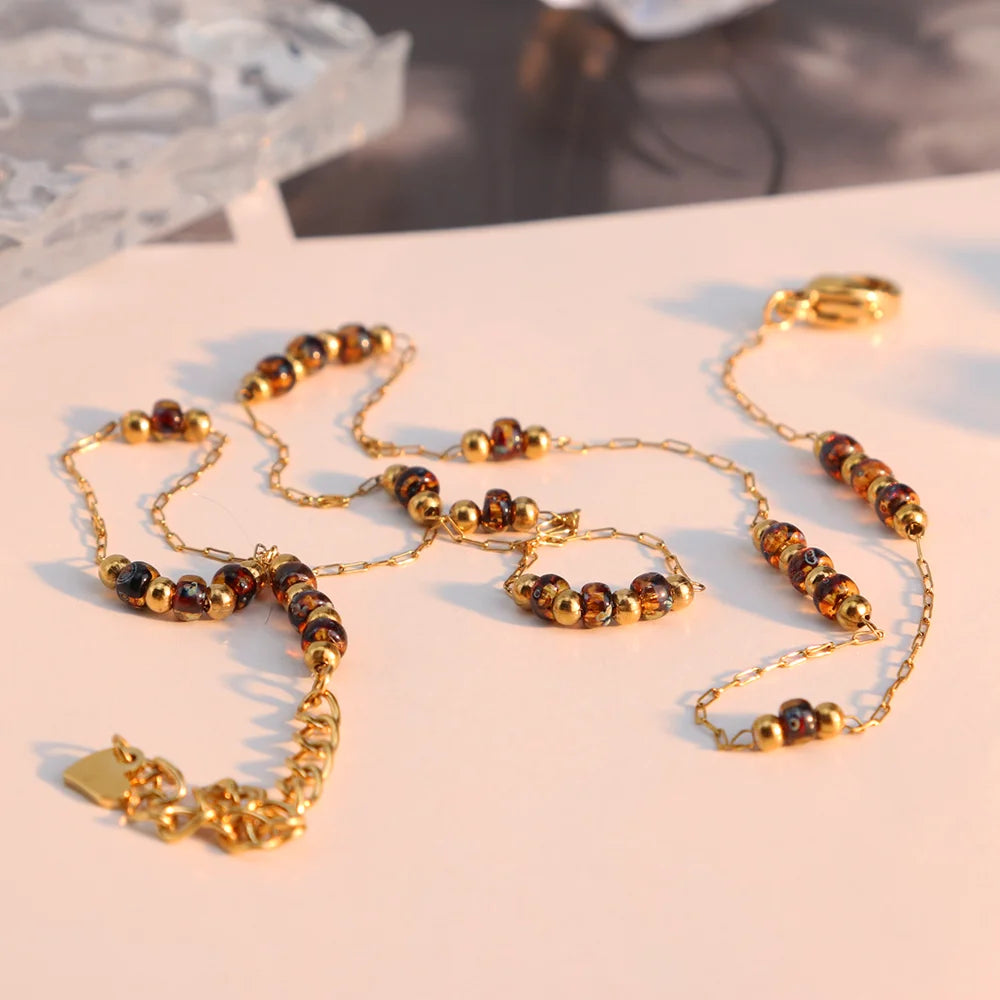 Chris April in Stock Fashion 316L Stainless Steel Amber Color Beads Necklace Gold Beads Satellite Chain