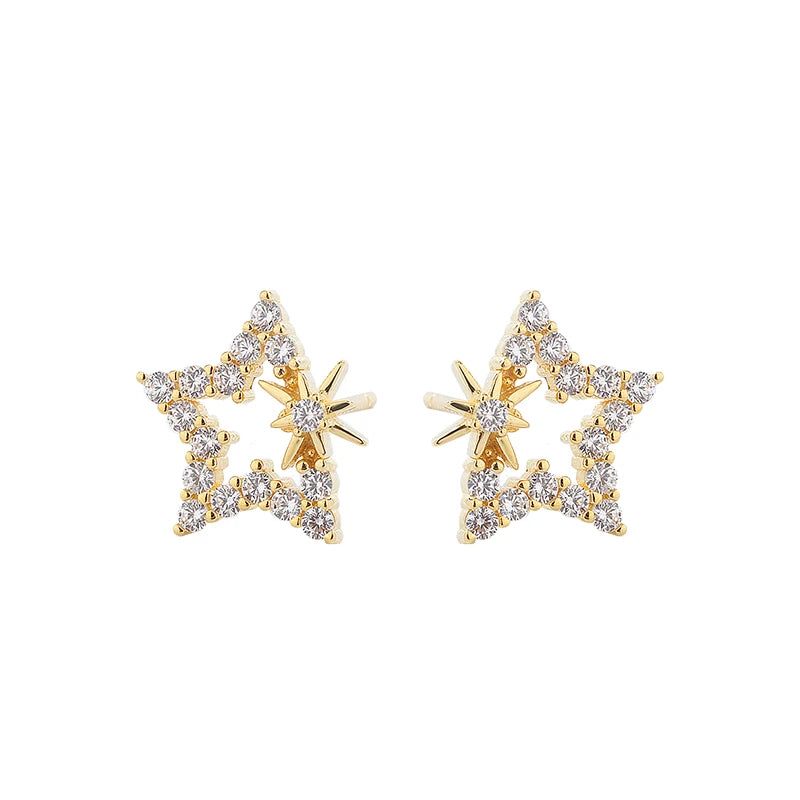 Elegant 925 Sterling Silver Hexagonal Star Earrings with Full Diamond 18K Gold Plated for Women