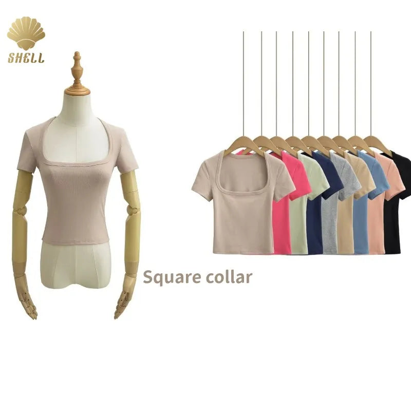 LULUXIXIYAYA 9-Color New Square Collar Solid Color Hot Girl Short-sleeved Women's Shoulder T-shirt Top