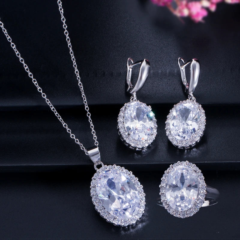 3 Piece Gorgeous Oval Round Cut Cubic Zircon Crystal Earring Necklace and Ring Set for Women Engagement Wedding Party Jewelry