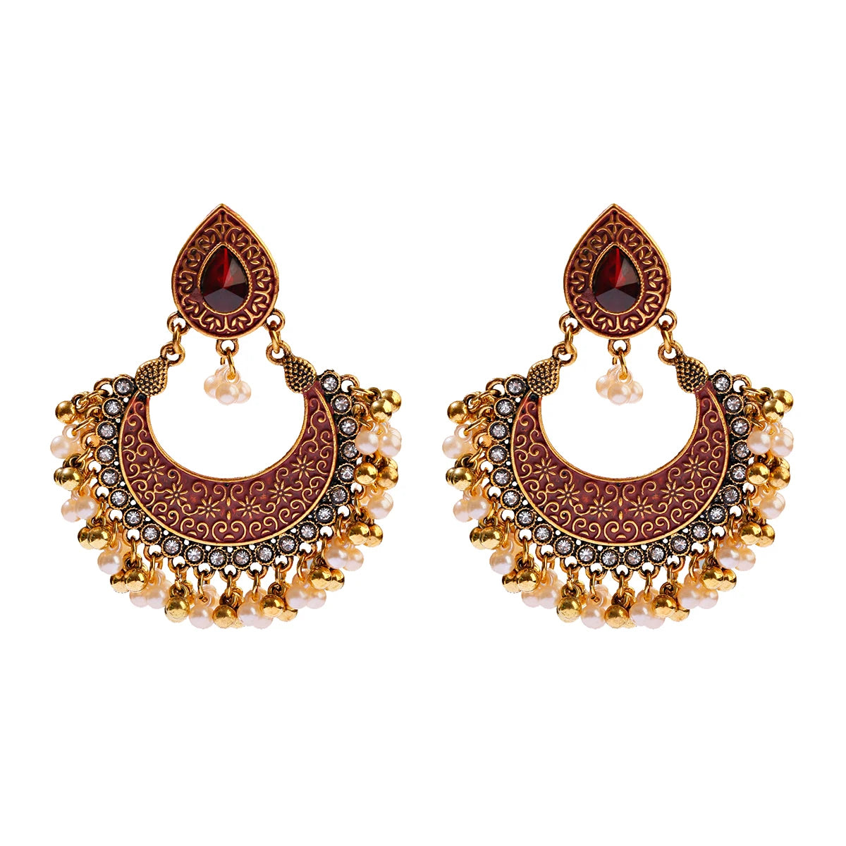 Women's Golden Bohemian Style Pearl Indian Bollywood Chandelier Vintage Drop Earrings Gold Plating Zinc Alloy Bell Shape Wedding