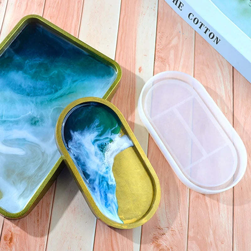 DM081 Thicken DIY Shiny Oval Flat Bottom Rolling Silicone Tray Mold Plate Dish Geometric Shape Storage Resin Molds Tray