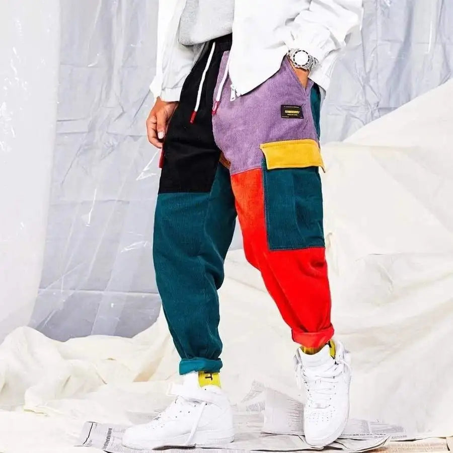 Custom Patchwork Color Block Corduroy Pants Streetwear Urban Hip Hop Pants for Men