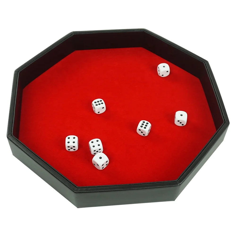 Professional Custom logo Pu Dice Tray Octagonal Black Leather Dice Rolling Trays Red Velvet for Shake the Elbows