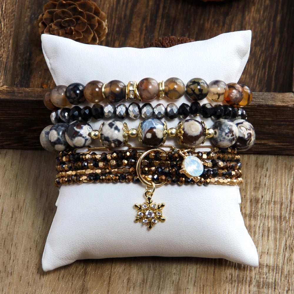 Fashion Boho Mini Creative Beads Shining Crown Snowflake Heart Charm Natural Gemstone Crystal Glass Elastic Stack Bracelet Set