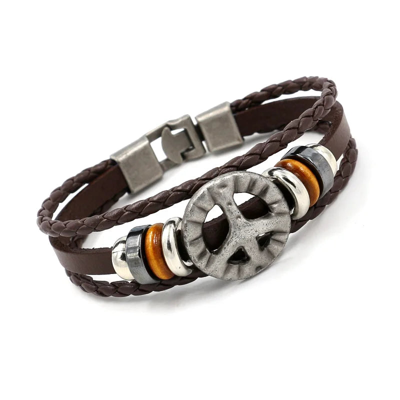 Vintage Jewelry Alloy Peace Sign Rivet Multi-layer Leather Beaded Woven Bracelet for Men